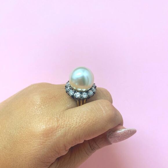 HC Marked Sterling Silver Ring with Big Faux Pearl and CZ Gold Plated Size 8 - Picture 2 of 5